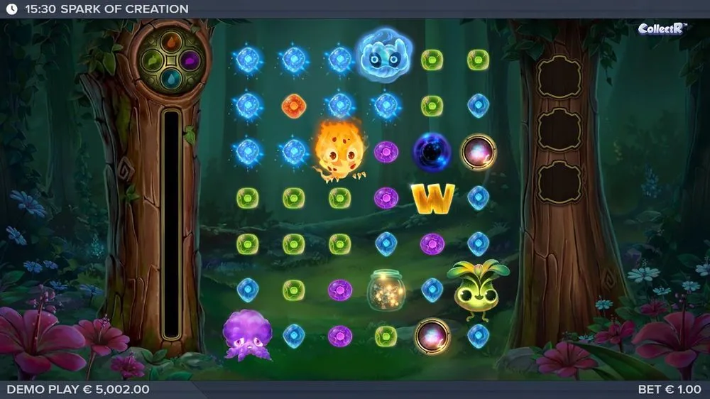 Het basisspel in het schemerbos: 6 rollen vol elementaire orbs, met linksboven de element-totem en rechtsboven de CollectR-meter. Inzet € 1,00, demosaldo € 5.002.