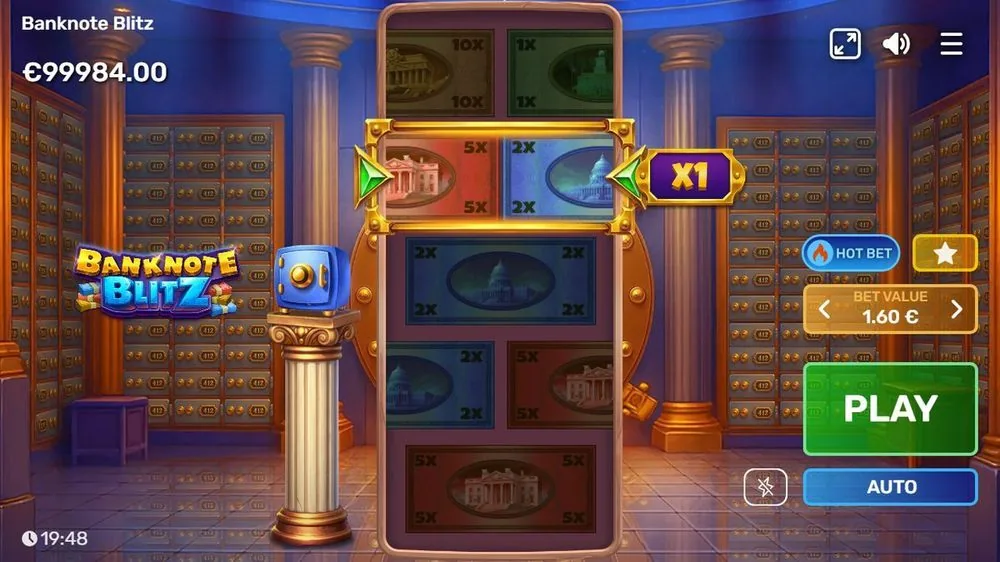 Het basisspel in de bankkluis: bankbiljetten met waarden 10×, 5× en 2×, met de door groene pijlen omkaderde collector-rij en een X1-multiplier ernaast. Inzet € 1,60.