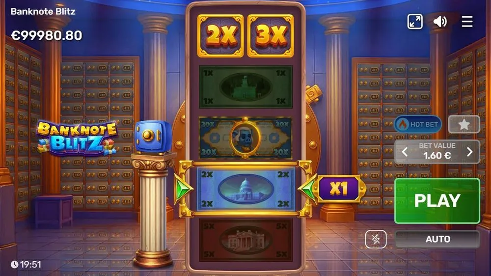 Bovenaan verschijnen de multiplier-vakjes 2× en 3×, met een 20×-biljet en het cash-collector-symbool (spaarvarken) op de rol. Zo ziet de verzamelmechaniek er in het basisspel uit.