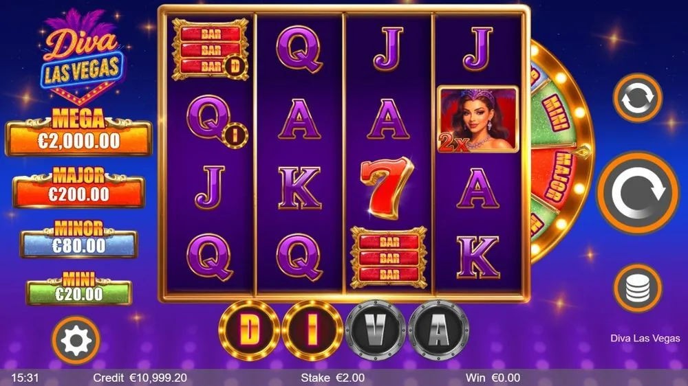 Het basisspel: links de jackpotladder (MEGA € 2.000 tot MINI € 20 bij € 2 inzet), rechts het fortuinwiel, onderin de DIVA-letters (D en I al opgelicht). Op rol vier de Diva-wild met 2x.