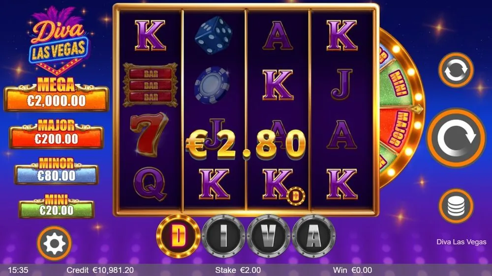 Een typische basiswinst van € 2,80 bij € 2 inzet, met dobbelstenen, fiches en een rode 7 in beeld. Klein en regelmatig — precies het low-volatile ritme.