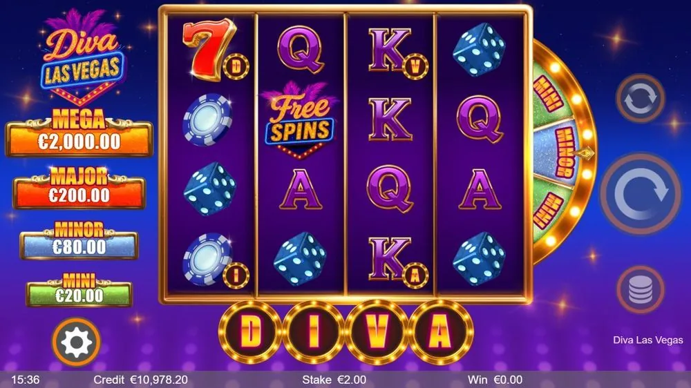 De free spins draaien, met de DIVA-letters volledig verlicht onderin en een Free Spins-symbool op de tweede rol. Dobbelstenen en fiches vullen het veld.