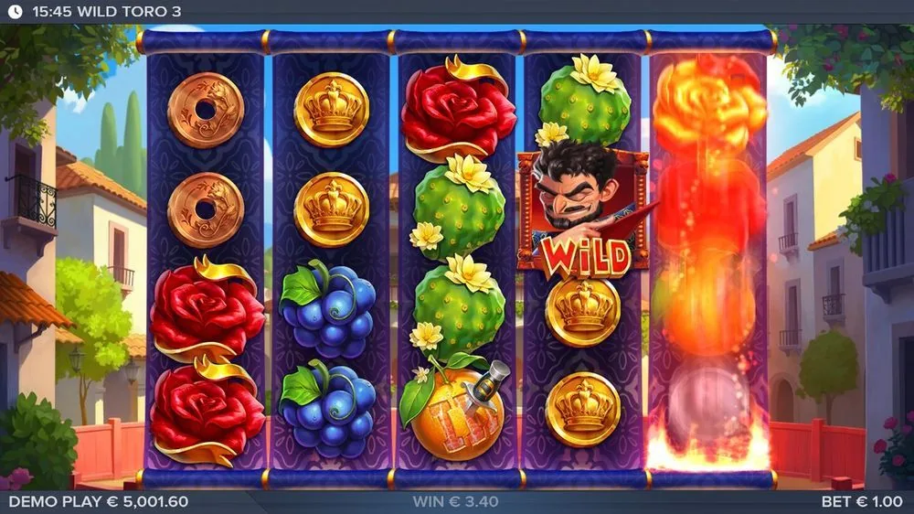 De Toro trekt als vuurkolom over de vijfde rol, met een Matador-wild op rol vier; de teller staat op € 3,40. Dit is het moment waarop de feature op gang komt.