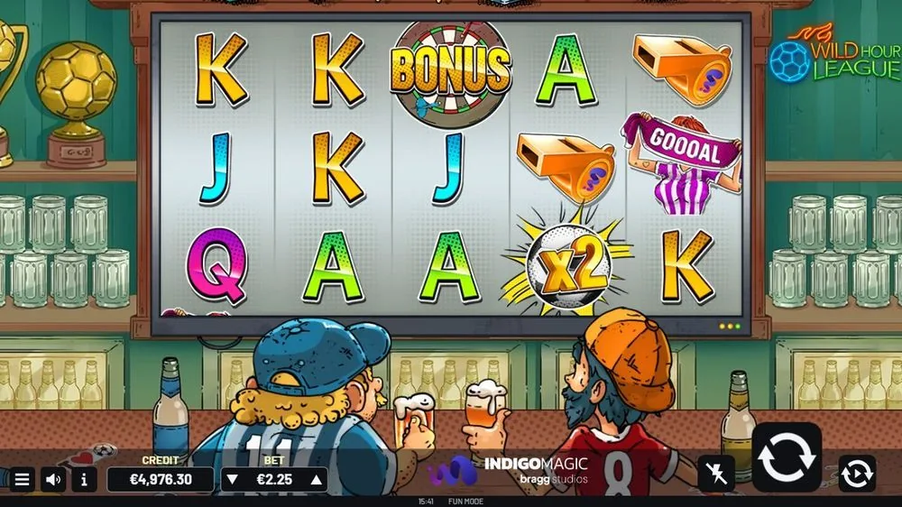 Hier vielen twee sleutelsymbolen samen: het BONUS-dartbord op de middelste rol en een ×2-multiplier-bal rechtsonder. Dit is de opmaat naar de free spins — al bleef het in deze ronde bij losse symbolen, geen getriggerde bonus.
