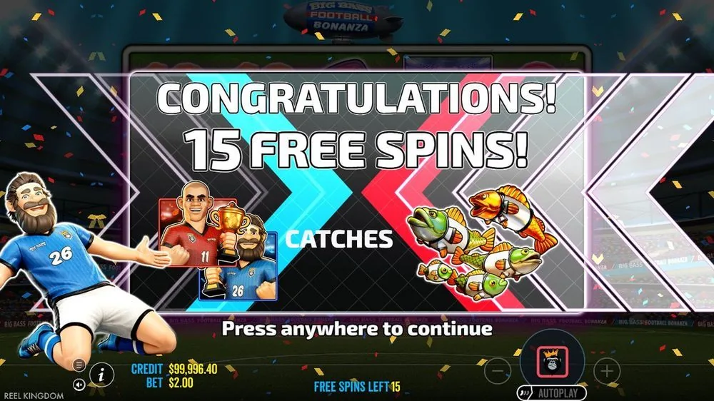 Vier scatters startten de bonus: 15 free spins met het CATCHES-scherm en de vissende spelers. Vanaf hier moet het gebeuren — het basisspel is slechts de aanloop.