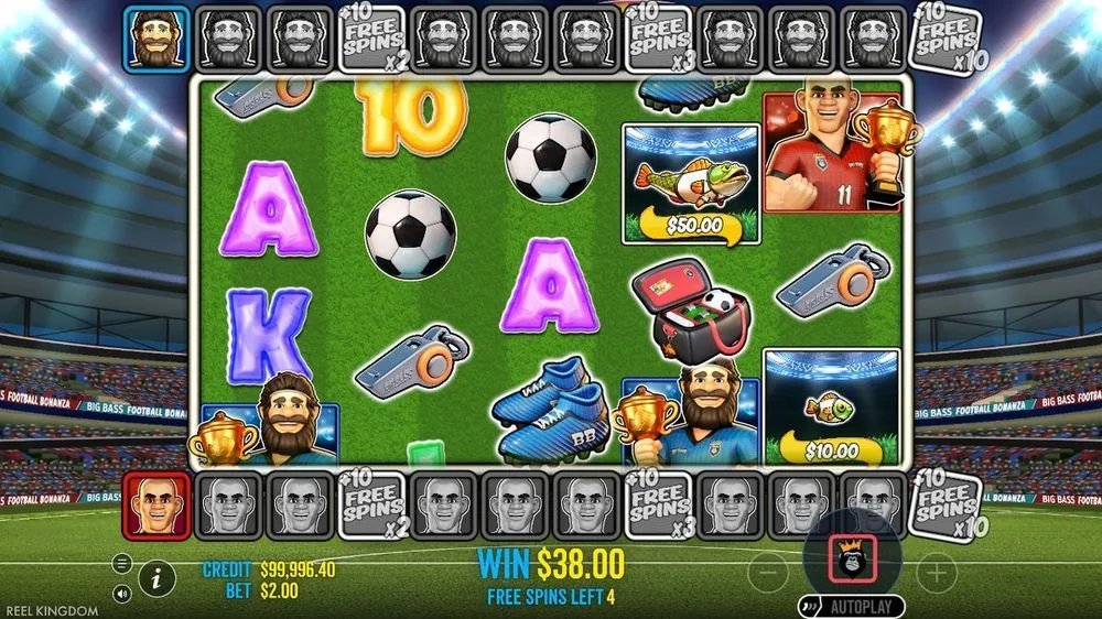 Free spins in volle gang, nog 4 te gaan: geldvissen van $ 50,00 en $ 10,00 op het veld, de collectors bovenin en onderin tikken richting hun ×2/×3/×10-multiplier, en de teller staat op $ 38,00. Zó hoort het te lopen.