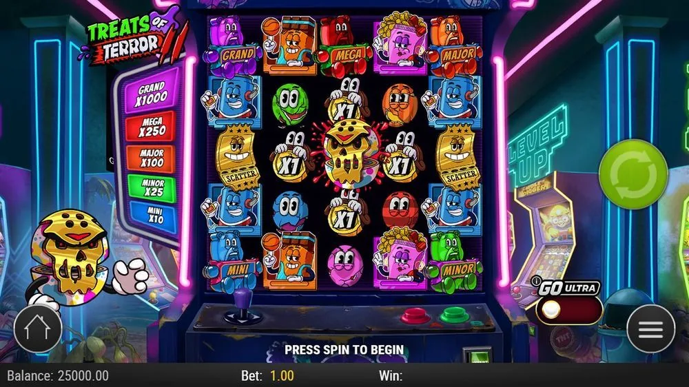 Het 5×5-raster in de arcadekast: grijnzende snoepmonsters, twee gouden SCATTER-tickets, meerdere X1-muntsymbolen en de druipende skull-cookie in het midden. Links de jackpotladder (GRAND ×1000 t/m MINI ×10). Stand: 'PRESS SPIN TO BEGIN', nog geen winst — dit is de idle-opstelling, geen live ronde.