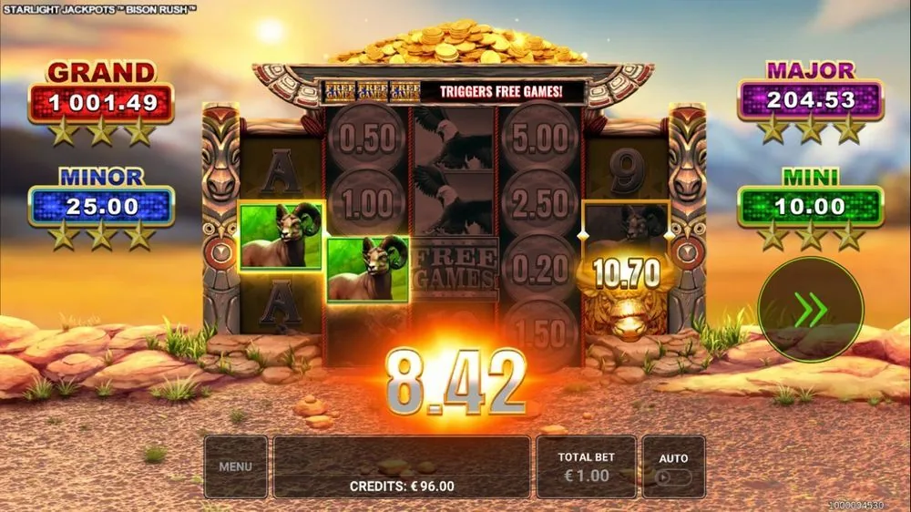 Hier landen de FREE GAMES-symbolen en meldt het spel TRIGGERS FREE GAMES!. De winst tikte op € 8,42 en rechts gloeide al een gouden munt van 10,70 op — het startsein voor de bonusronde waar alles om draait.