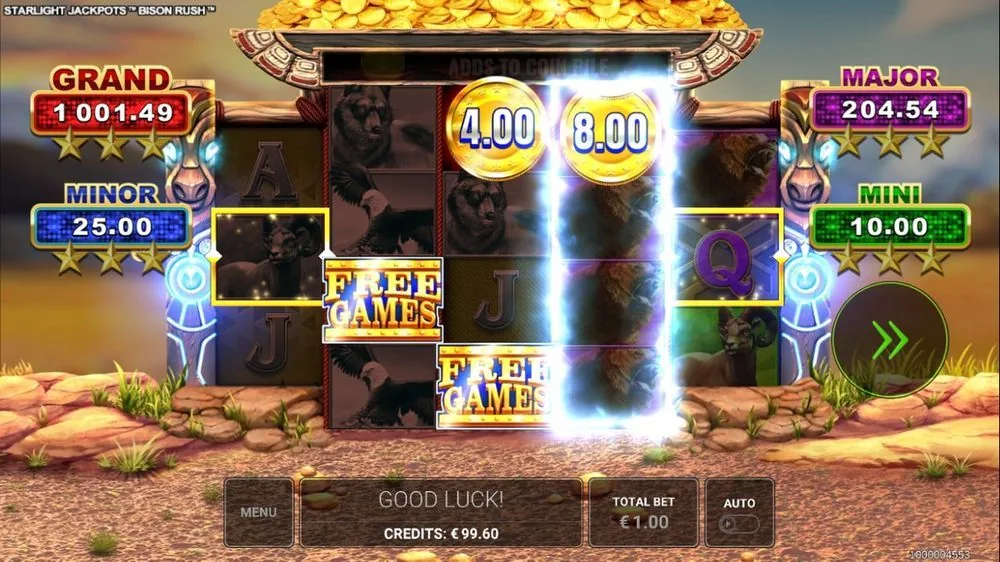 In de free games worden de munten sticky. Boven de rollen staat ADDS TO COIN PILE; twee verse munten (4,00 en 8,00) blijven plakken en de collector-totems aan de zijkant lichten op om alles bij elkaar te vegen.
