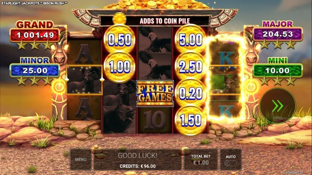 Verderop in dezelfde ronde stapelen de muntwaarden zich op (0,50 · 1,00 · 5,00 · 2,50 · 0,20 · 1,50). Zo bouwt de muntenberg zich langzaam op — en pas hier maken de vier jackpots boven de rollen echt kans.