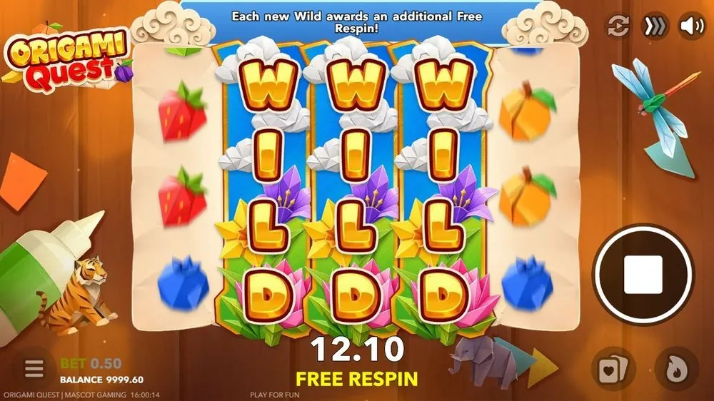 Hier stonden drie volle Wild-rollen (W-I-L-D) naast elkaar en meldde het spel Each new Wild awards an additional Free Respin!. De teller sprong op 12,10 en de respin-ronde liep door — dít is de motor van de slot.