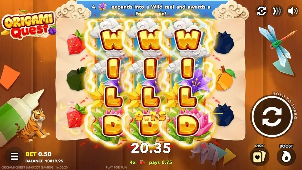 Andere respin: een symbool klapt uit tot een volle Wild-rol ('expands into a Wild reel and awards a Free Respin'). De winst tikte op 20,35, met 4× aardbei die 0,75 bijdroeg. Zo bouwt de feature zich stapsgewijs op.