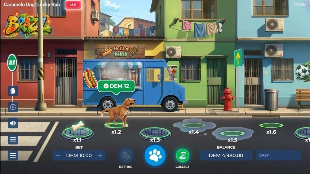 Aan de start: de hond op laan x1.1, met x1.2 tot x1.6 in het verschiet en een DEM 12-collectwaarde in beeld. Elke stap richting de food truck tikt de multiplier omhoog — hier moet je beslissen hoe ver je gaat.