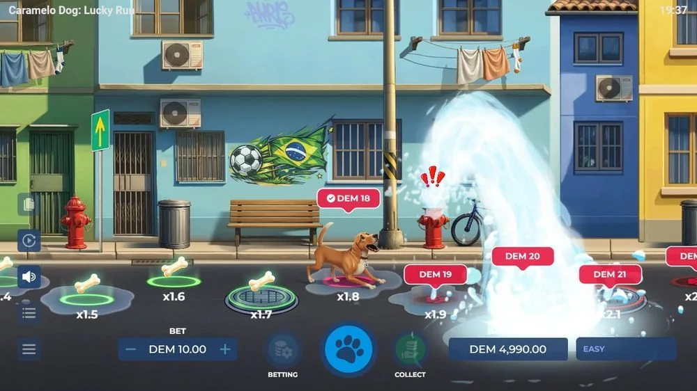 Verderop knalt een brandkraan open en lopen de collectwaarden op tot DEM 18, 19, 20, 21 bij multipliers van x1.5 tot x2.1. Dít is de goede run: doorlopen loont zolang de hond de plassen ontwijkt.