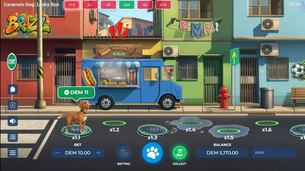 De balk bovenin vult zich met behaalde multipliers — x1.8, x3, een dikke x24, x2 — terwijl de teller op DEM 11 staat. Zo maakt het spel je streak zichtbaar: soms klimt de reeks, soms blijft-ie mager. Dat verzwijg ik niet.