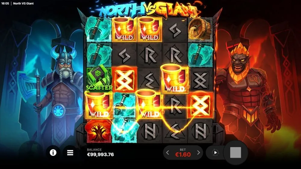 Twee gouden drinkhoorn-WILDS bovenaan, een groene SCATTER op rol één en een oplichtende winlijn dwars over het raster. Zo bouw je richting de free spins — elke Scatter telt mee voor de trigger.