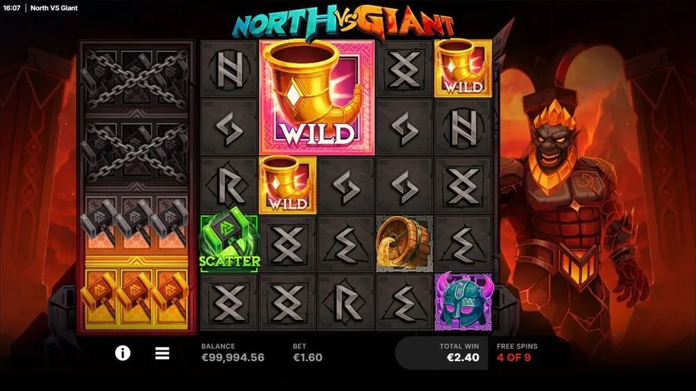 Free spins in volle gang, 4 van 9 — de teller liep dus al op door verzamelde scatters. Een 2×2-Wild-blok van drinkhoorns staat op het raster, met een mega-symbool op rol één. Totale winst op dat punt: € 2,40. Eerlijk: bescheiden, maar de opbouw is precies waar het om draait.