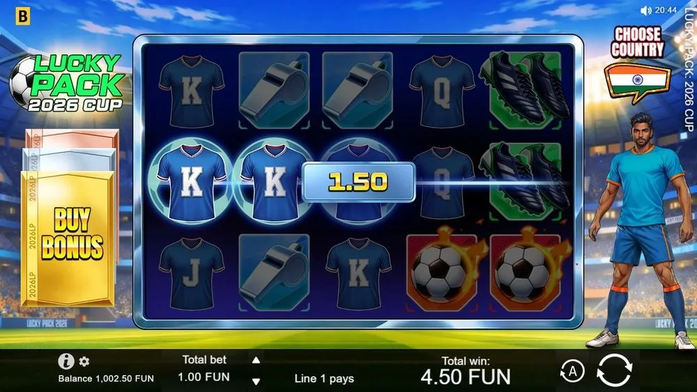 Een lijn K-shirts lichtte op met een uitbetaling van 1,50; samen met de rest kwam de totale winst op € 4,50 bij € 1,00 inzet. Rechtsonder zie je de brandende ballen — de scatter die richting free spins wijst.