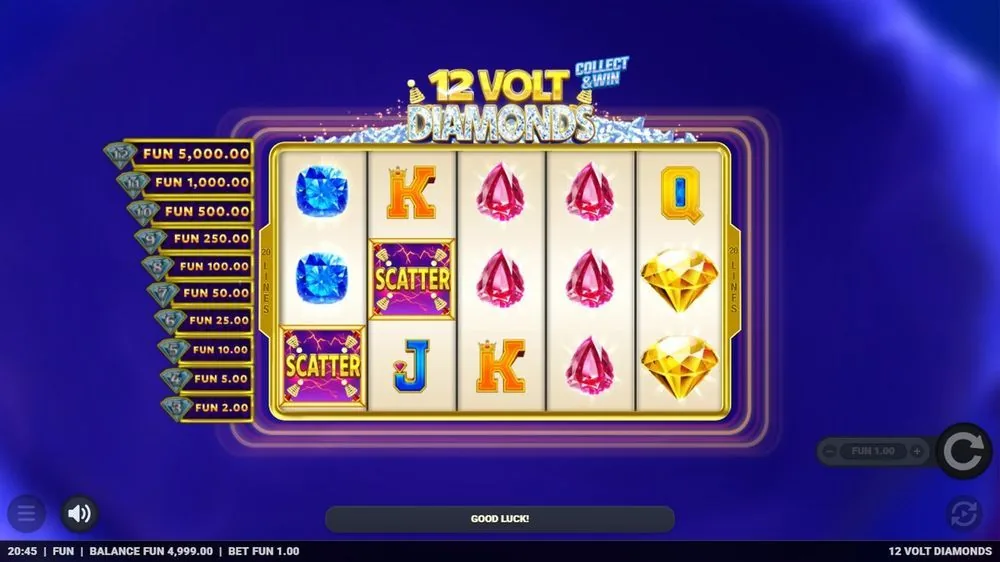Het basisspel met edelstenen en royals, en twee scatters op de eerste rol. Links de prijzenladder met vaste bedragen tot FUN 5 000,00. Saldo € 4 999,00, inzet € 1,00 — het spel meldde "GOOD LUCK!".