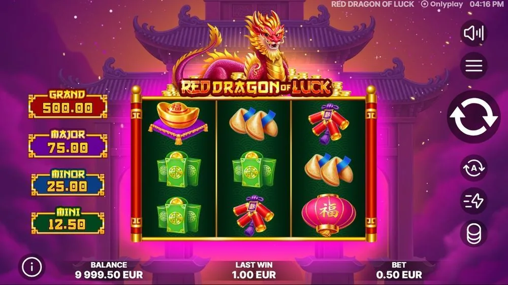 Het basisspel op het 3×3-raster met goudstaaf, gelukskoekjes en klappertjes. Links de vier vaste jackpots: Grand € 500, Major € 75, Minor € 25, Mini € 12,50. Saldo € 9 999,50, laatste winst € 1,00, inzet € 0,50.