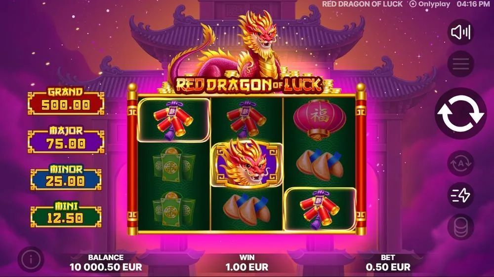 Het gouden drakensymbool landde in het midden en er lichtte een klappertjes-combinatie op voor een winst van € 1,00. Saldo tikte naar € 10 000,50.