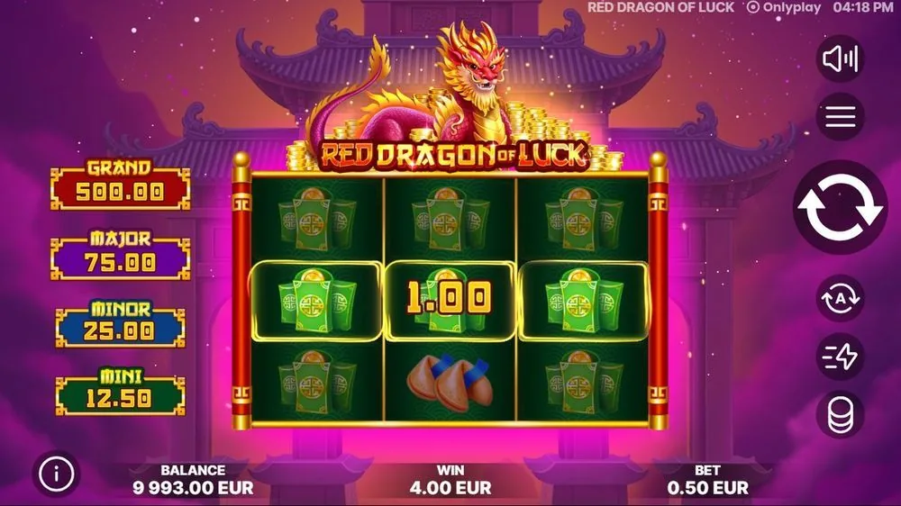 De Hold & Win draait: groene muntenvelopjes blijven plakken, in het midden een munt met waarde 1,00, en de teller staat op € 4,00 winst. Dit is de motor van het spel.