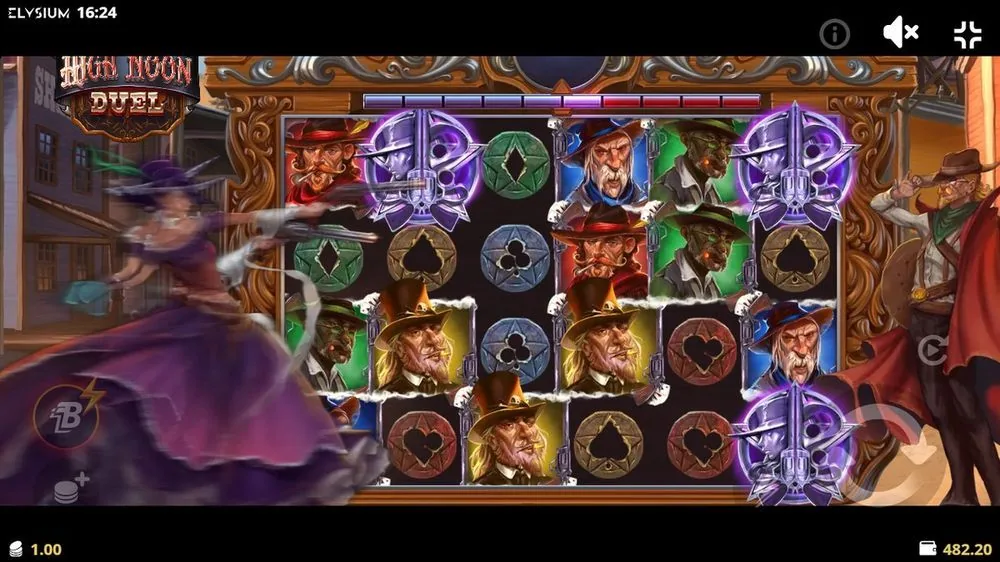Meerdere paarse gekruiste-pistoolscatters omlijsten de rollen terwijl de balk bovenaan vult. Dit is het moment waarop het duel met free spins in zicht komt en de multiplier zich klaarmaakt.