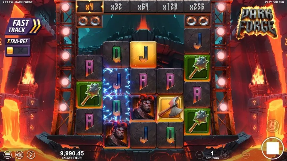 In de feature verschuift de multiplierladder naar x4, x32, x64, x128, x256 met x4 verlicht. Elke cascade schuift een trede op — dít is waar de winst zich moet opstapelen richting het plafond.