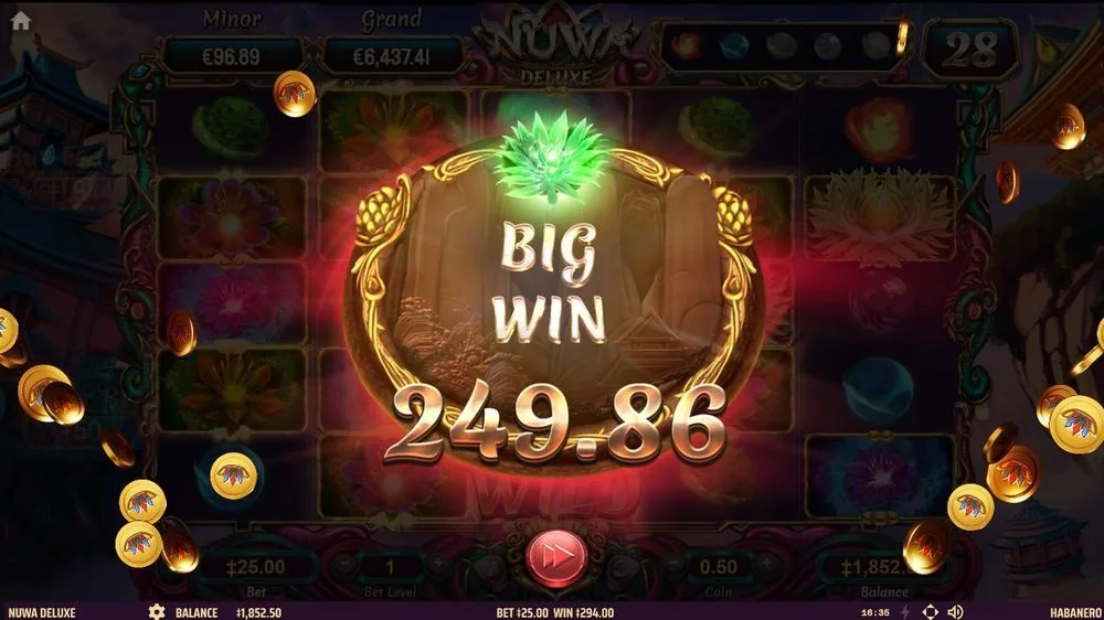 De free-spins-ronde barst los: een BIG WIN van 249,86 (totaal 294,00 op de teller) bij een inzet van 25,00. Dít is waarvoor je op de scatters jaagt — de uitbreidende symbolen dikken de winst aan.