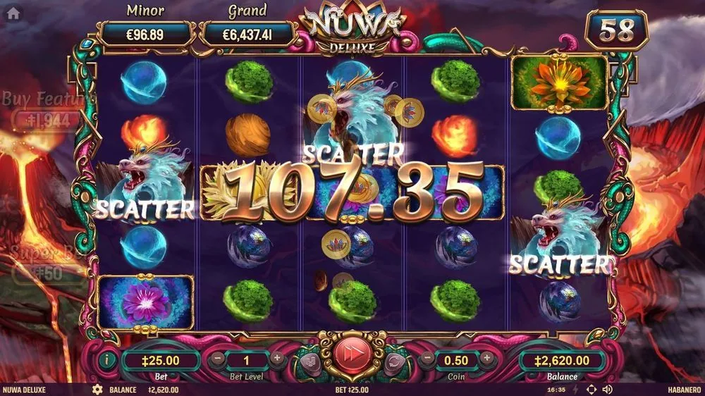 Verder in de free games (teller op 58): drie witte-draak-scatters leverden een scatterwin van 107,35 op. Zo tikt de feature door — soms fors, soms bescheiden. Dat verzwijg ik niet.