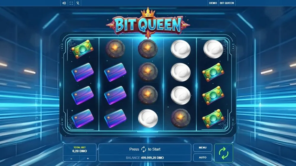 Het basisscherm vóór de spin: biljetten, creditcards, ster-munten en witte munten verdeeld over het 5×4-raster. Onderin staat de totale inzet op 0,20 DMO. Koel blauw neon, geen afleiding — dit is de kale opzet waar de kast op draait.