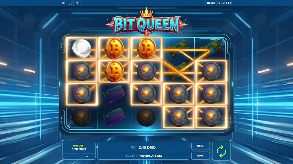 Hier lichten de winlijnen fel geel op: bitcoins en ster-munten vormen een net patroon en de teller tikt op Win 2,45 DMO bij 0,20 inzet. Een keurige middenwinst, precies het soort ronde dat je bij middelhoge volatiliteit het vaakst tegenkomt.