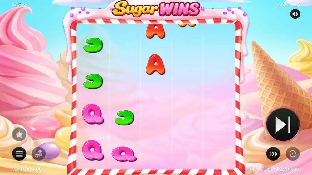 Een tussenbeeld waarin de symbolen nog in het raster vallen: een paar groene gummy's en roze Q's staan al, de rest is nog leeg. Zo begint elke ronde — het raster vult zich en pas bij zes gelijke valt er een cluster. Inzet FUN 1,00.