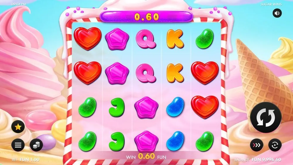 Een net gevuld raster met harten, pentagons en gummy's; de teller bovenin en onderin toont Win 0,60 FUN. Een bescheiden cluster zonder multiplier — het brood-en-boter-resultaat waar het gros van de rondes op uitkomt.