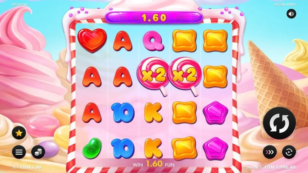 Hier landen op rol drie en vier twee lollie-symbolen met x2 en tikt de teller op Win 1,60 FUN. Dít is de haak van Sugar Wins: zodra die multiplier-lollies meetellen in een cascade, wordt dezelfde winst ineens meer waard.