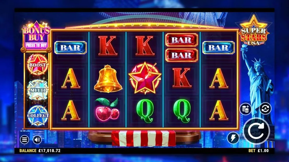 De rollen vullen zich met BAR-stacks, een gouden klok en de rode ster — het beeld waar de hold-and-win op mikt. Hoe meer bonus-symbolen blijven plakken, hoe dichter je bij de vaste jackpots komt.