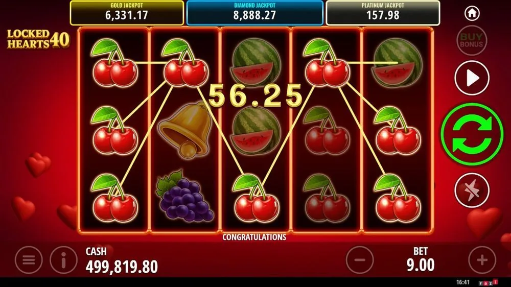 Een gewone lijnwinst van 56,25 op een reeks kersen, met de drie jackpotmeters (Gold 6.331, Diamond 8.888, Platinum 157) rustig meetikkend bovenin. Zo voelt het basisspel: nette lijnwinsten, jackpot altijd in beeld.