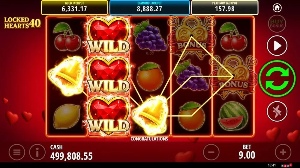 Reel twee volledig gevuld met rode hart-WILD-symbolen en twee BONUS-scatters op de rechterrollen. Dít is het beeld waarvoor je de feature koopt — al bleef de winst in deze specifieke draai met 0,03 mager. Dat verzwijg ik niet.