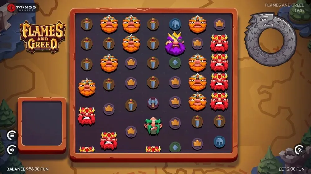 Het volle 7×7 cluster-raster met draken-koppen, dwergen en orks als hoge symbolen en shields, kronen en zwaarden als lage. Rechts de stenen ouroboros-drakenring; onderin balans 996,00 en inzet 2,00. Zo ziet het basisspel eruit voordat de features losbarsten.