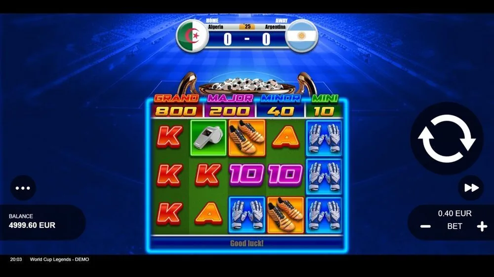 Het basisspel met de vaste-jackpotladder bovenin: GRAND 800, MAJOR 200, MINOR 40, MINI 10. Op de rollen schoenen, handschoenen en een fluitje; het veld meldt ‘Good luck!’. Geen winst op deze spin.