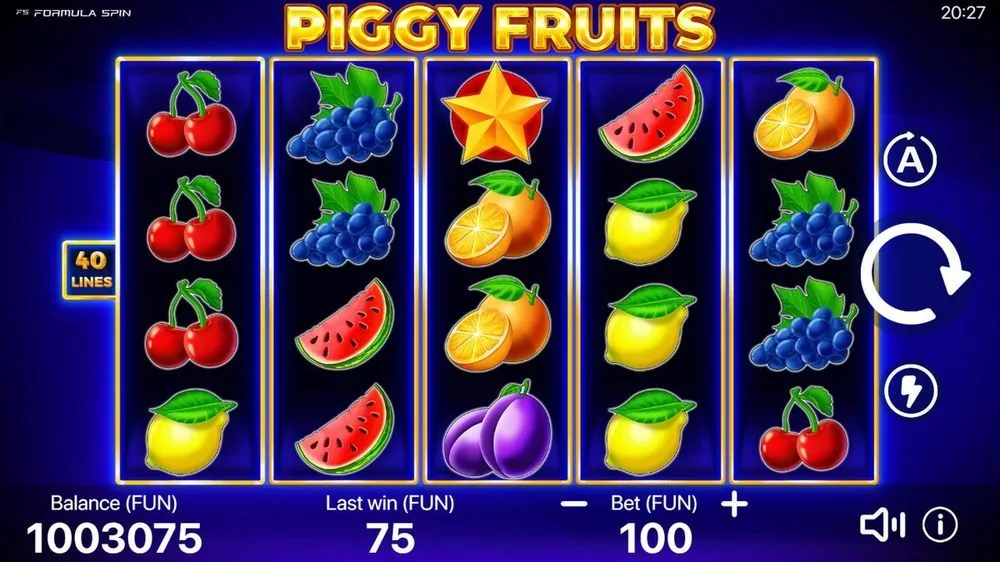 Het basisspel over 40 lijnen: kersen, druiven, meloen en een gouden sterscatter op de middelste rol. Laatste winst 75 FUN bij inzet 100 — het rustige, regelmatige ritme dat deze slot kenmerkt.