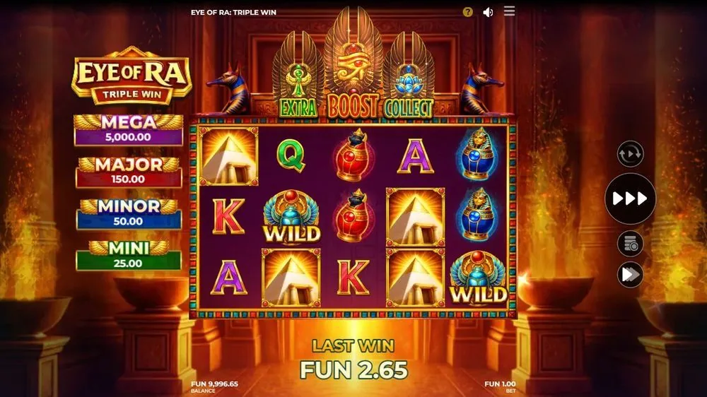Het basisspel met piramides en een Ra-oog-WILD op de rollen; links de jackpotladder (MEGA 5.000, MAJOR 150, MINOR 50, MINI 25). Laatste winst FUN 2,65 bij inzet 1,00 — bescheiden, zoals het basisspel hier hoort te zijn.