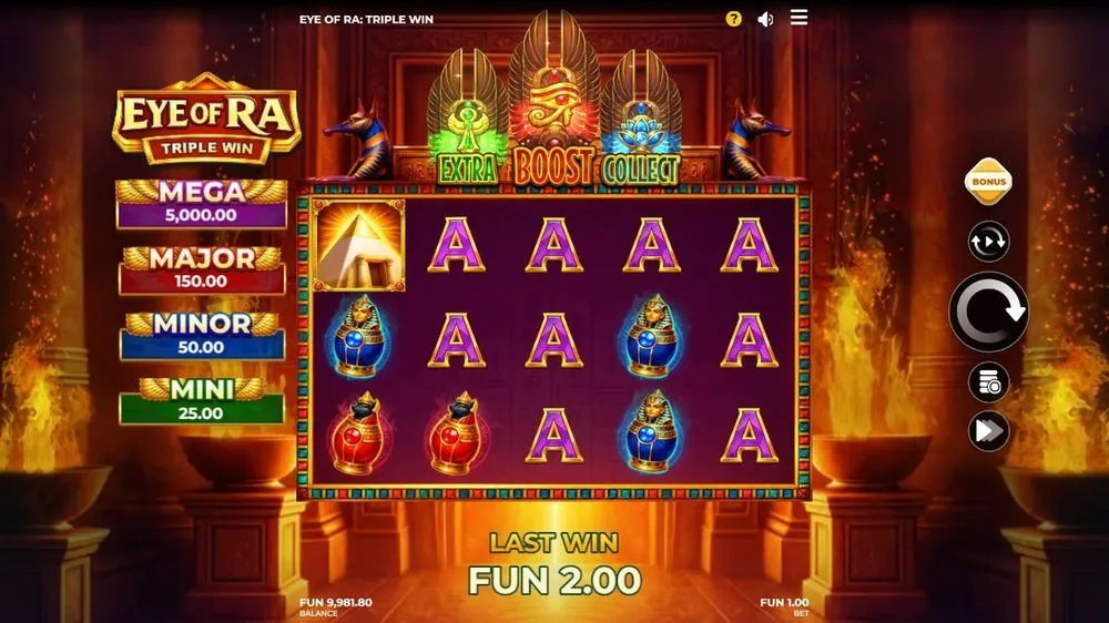 Een volle rij A-symbolen met de BONUS-knop actief rechts; boven de rollen lichten EXTRA, BOOST en COLLECT op. Laatste winst FUN 2,00 — het rustige ritme voordat de muntbonus begint.