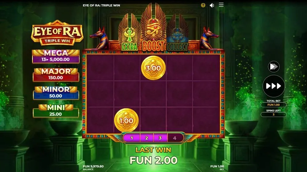 De hold-and-win-muntbonus in het groene decor: gouden munten van 3,00 en 1,00 op het raster, nog 3 respins te gaan. De MEGA-teller staat op 13 ▸ 5.000,00 — zoveel munten nog tot de topprijs.