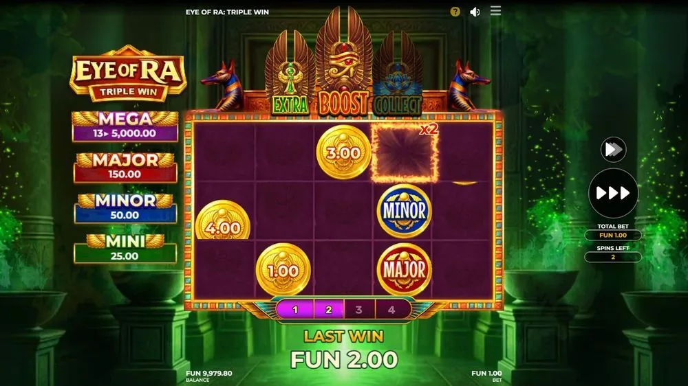 Verderop in de bonus: munten van 4,00, 3,00 en 1,00 plus een MINOR- en MAJOR-jackpotmunt, met een ×2-cel rechtsboven. Nog 2 respins — dit is het moment waarop de ronde waarde begint te stapelen.