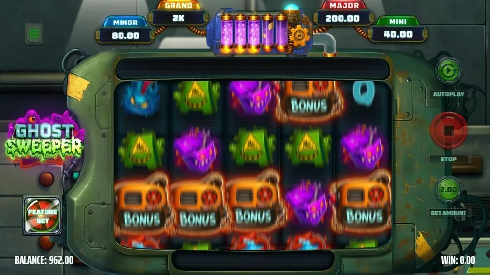 Hier vallen meerdere BONUS-monsters tegelijk over het raster — precies de landing die de bonusfunctie start. De energiebuizen zijn vol; het saldo zakte naar 962,00 tijdens de opbouw naar de free spins.