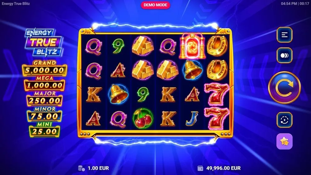 Het basisspel bij € 1,00 inzet: fruit, 7's, goudstaven en een bonus-orb (B) rechtsboven, met de volledige jackpotladder links — GRAND 5.000 tot MINI 25. Zo ziet een gewone rondes eruit voordat de bonus valt.