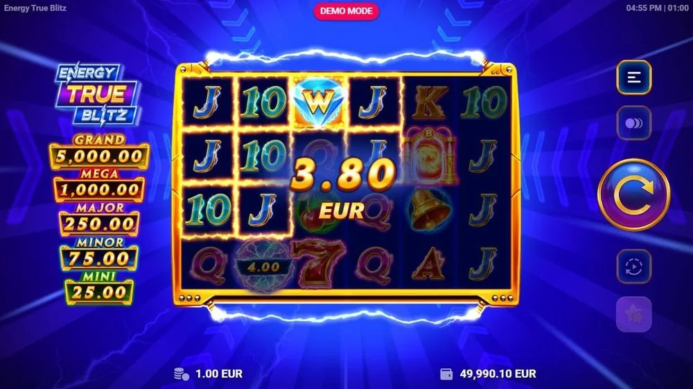 Een nette basiswinst van € 3,80 bij € 1,00 inzet: een W-wild boven in beeld en een cash-orb van 4,00 onderin. De Multiway-lijnen lichten op links — precies waar dit spel zijn kleinere winsten vandaan haalt.