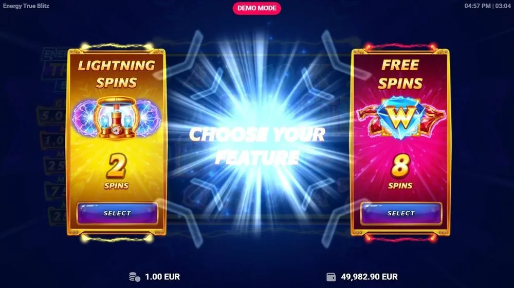 Het 'Choose Your Feature'-scherm: links Lightning Spins met 2 spins, rechts Free Spins met 8 spins. Dít is de haak van de slot — je kiest zelf welke route bij je speelstijl past.