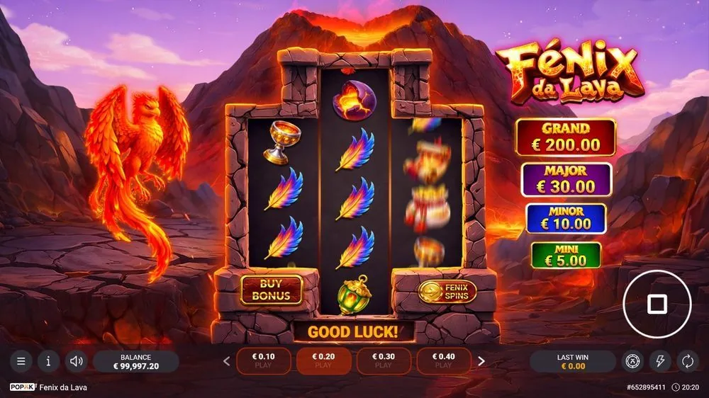Het basisspel met de feniks links en de jackpotladder rechts — GRAND € 200 tot MINI € 5. De knoppen BUY BONUS en FENIX SPINS staan onder het raster; 'GOOD LUCK' geeft aan dat de rollen net gestopt zijn zonder winst.